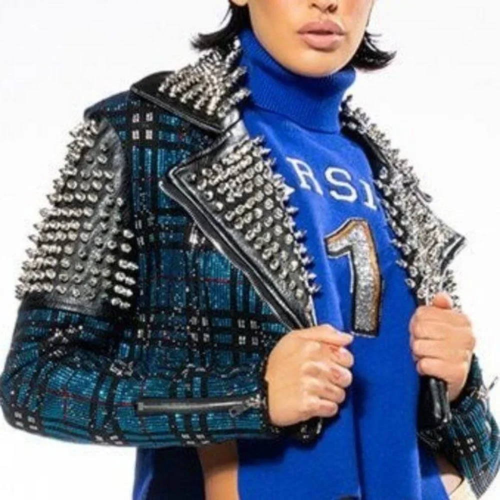 Callie Berry Bling: Teal Plaid Rhinestone Silver Studded Black Moto Jacket - Picture 6 of 12